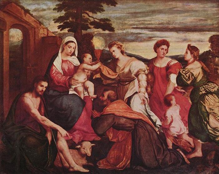 Bonifacio de Pitati Maria mit den drei theologischen Tugenden oil painting image